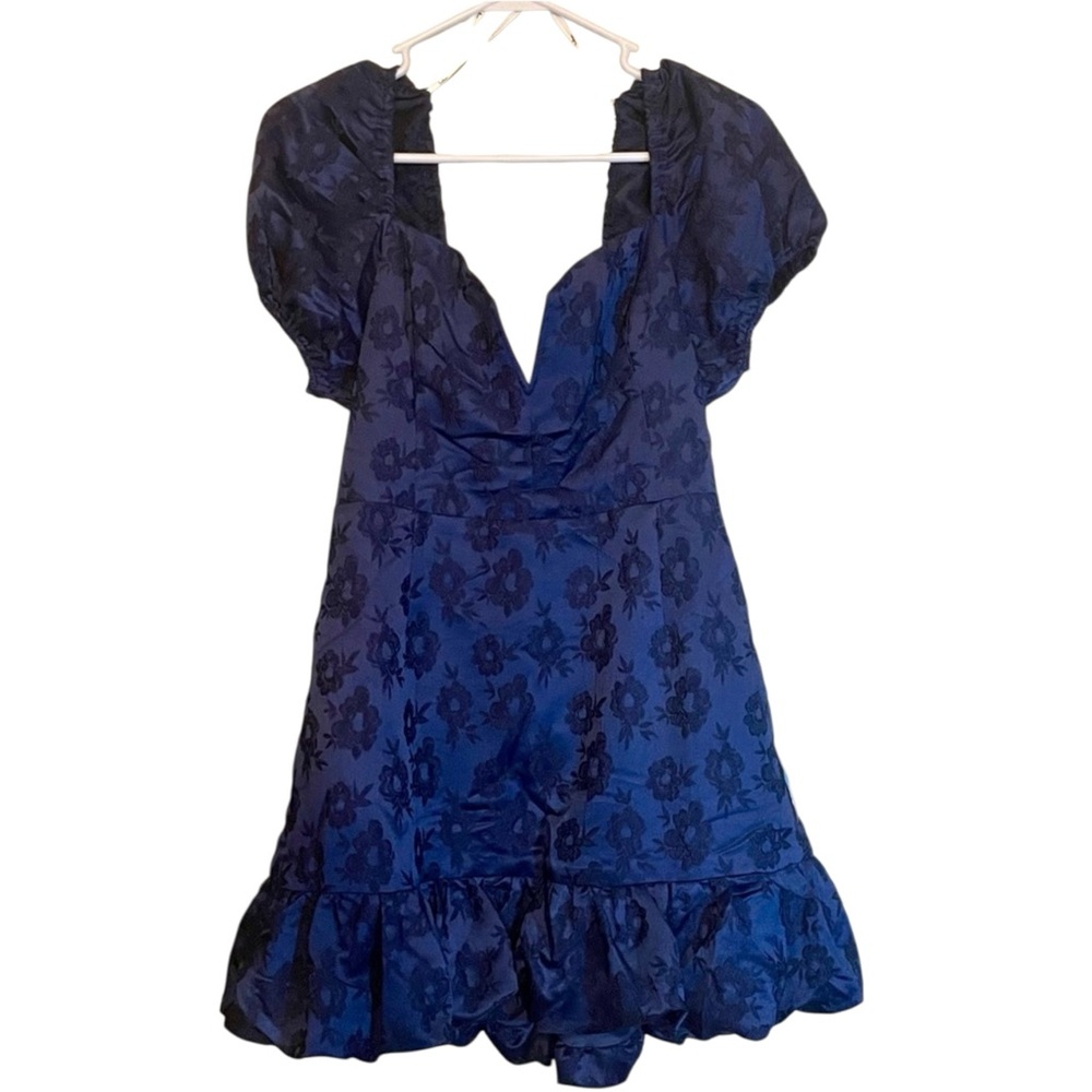 Lulus Exceedingly Delightful Navy Blue Jacquard Puff Sleeve Mini Dress XL NWT